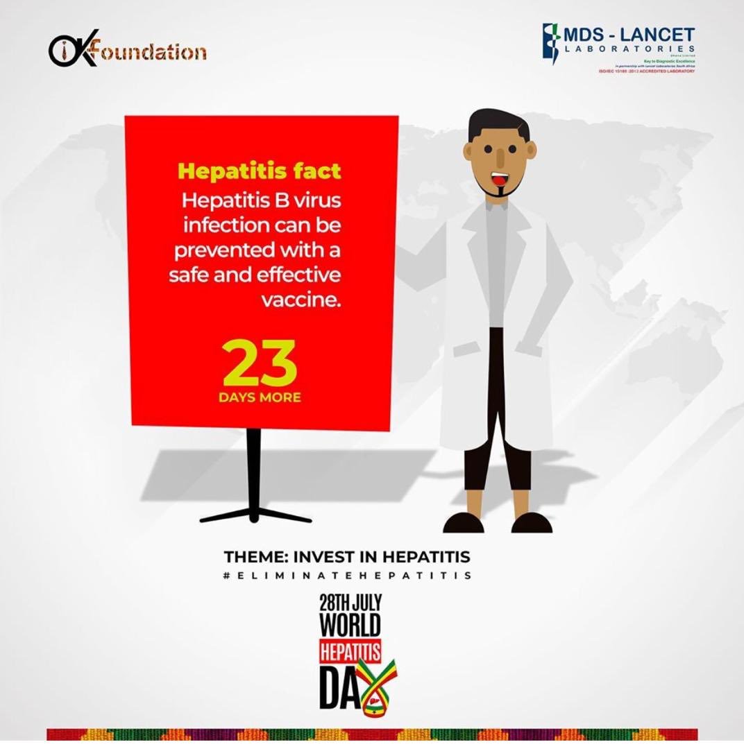 HEPATITIS FACT : 
Hepatitis B Virus infection can be prevented with a safe and effective vaccine. 
#23DaysMore #eliminatehepatitis #investinhepatitis #mdslancetlaboratories #worldhepatitisday2019 @worldhepatitisalliance 
#OKfoundation #health