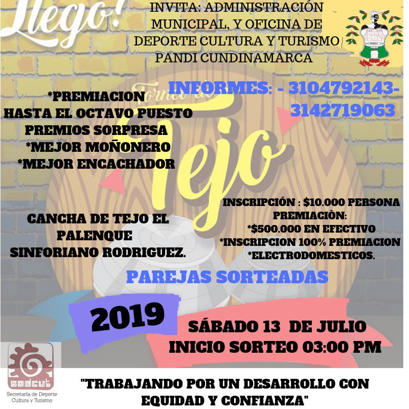 Segundo Torneo de Integración de Tejo Pandi Cundinamarca 2019.
Mayor información Oficina de cultura y turismo.