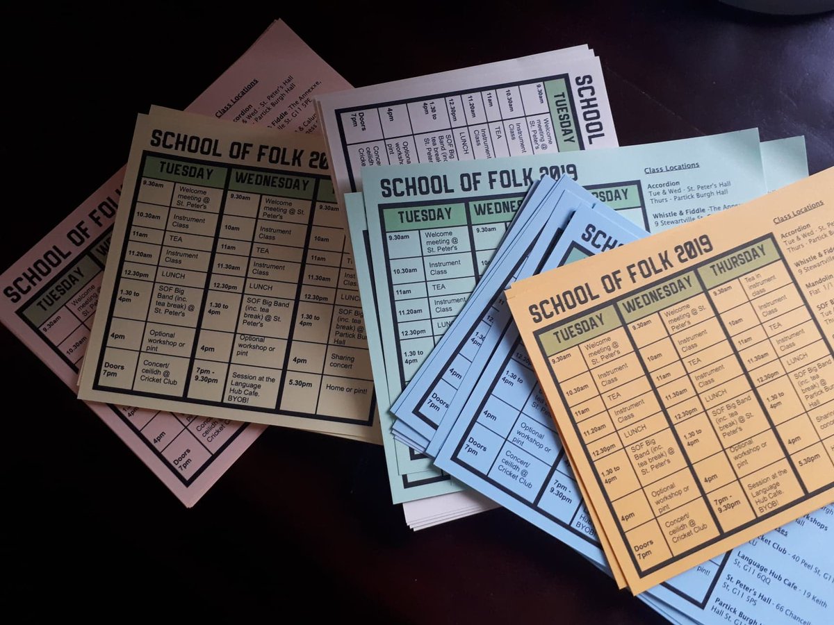 Timetables ready to go......only 4 more sleeps! #schooloffolk19 #schooloffolkglasgow #schooloffolk #mandolin #whistle #accordion #fiddle #newtunes #workshops #learnmusic #adultsummerschool