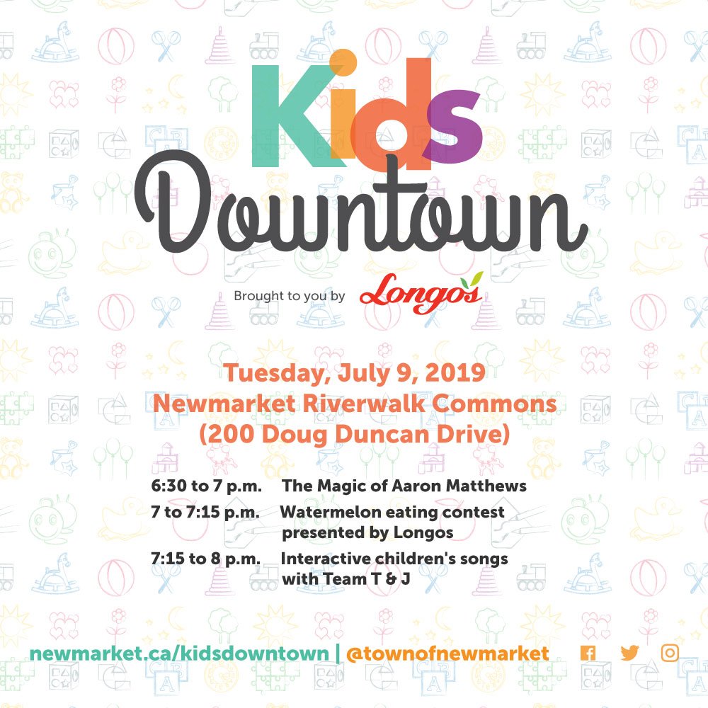 TownofNewmarket's tweet photo. Bring your #Kids out to #KidsDowntown this Tues. July 9 at #RiverwalkCommons 6:30 - 8 pm. Enjoy fun child entertainment with @aMATTHEWSmagic, @teamtandj &amp; @LongosMarkets #WatermelonEatingContest https://t.co/ZNNtm0QLye Sponsored by @LongosMarkets  @TD_Canada @GlamaGals #Newmarket https://t.co/tMZvya2iQu