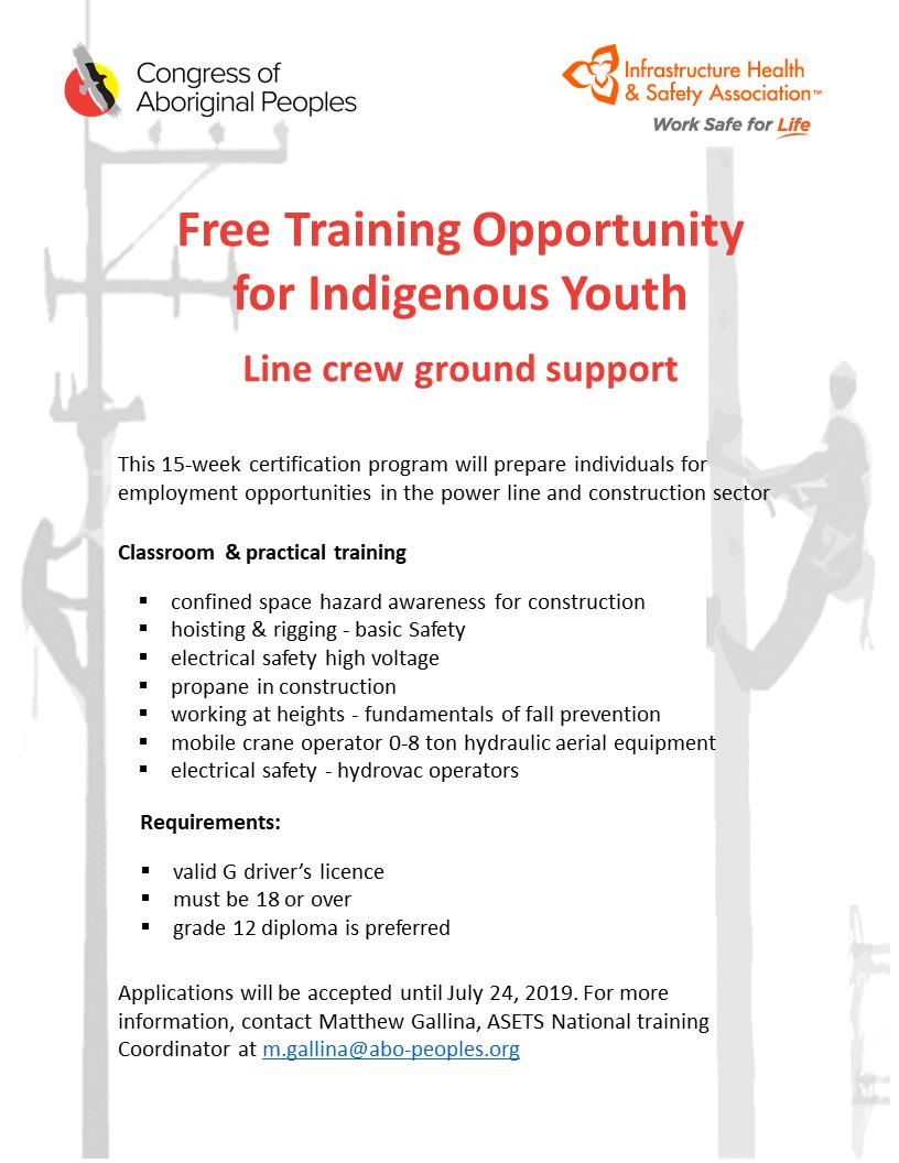 CongAboPeoples's tweet photo. Free training opportunity for Indigenous youth for a line crew ground support program #indigenoustraining | Opportunité pour une formation gratuite pour la jeunesse autochtone pour un programme d'équipe de soutien au sol. #FormationProfessionnelle https://t.co/N93vfLqY27