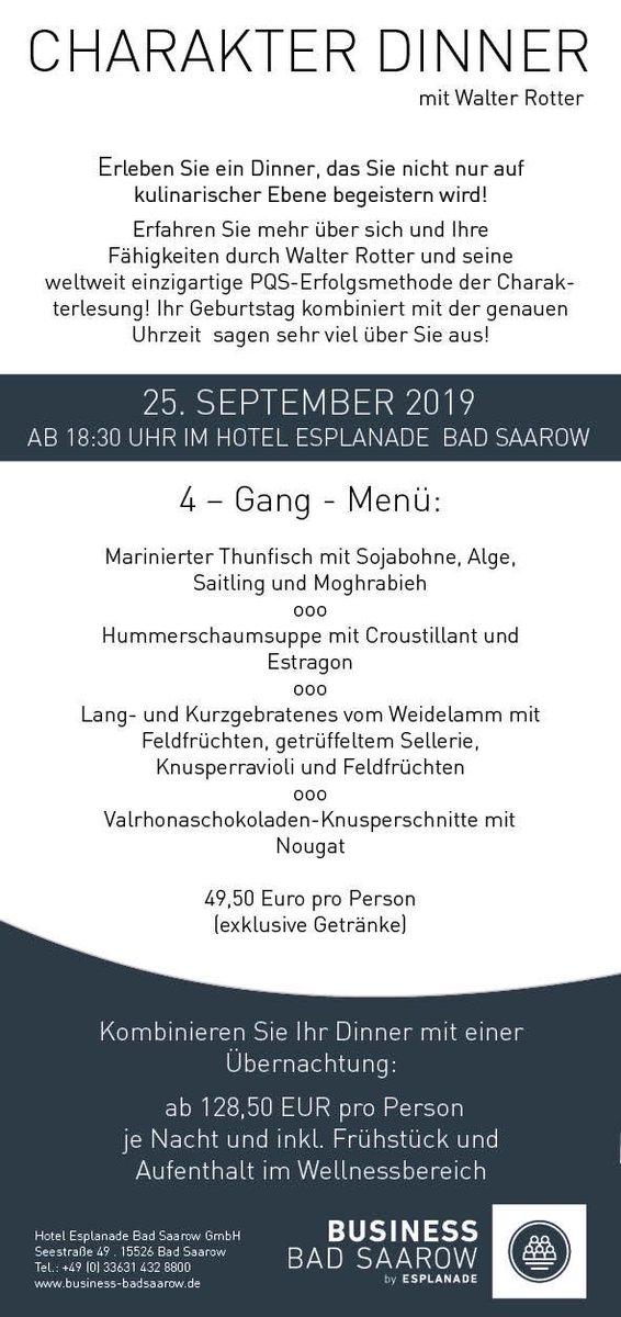 Charakter Dinner im Hotel Esplanade in Bad Saarow