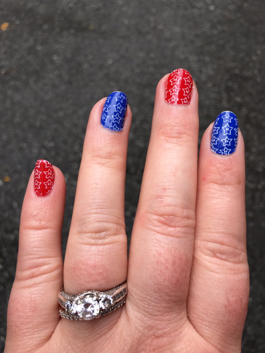 Do you like my patriotic nails nerdlings? Instead of regular star for my red, white, and blue, I used Mario Bros. stars 😁⭐️🇺🇸 #nintendo #mariobros #mariostar #america #independenceday #4thofjuly #4thofjulynails #patriotic #doyounerd #nailartstamps #nailstamping #nailstamps