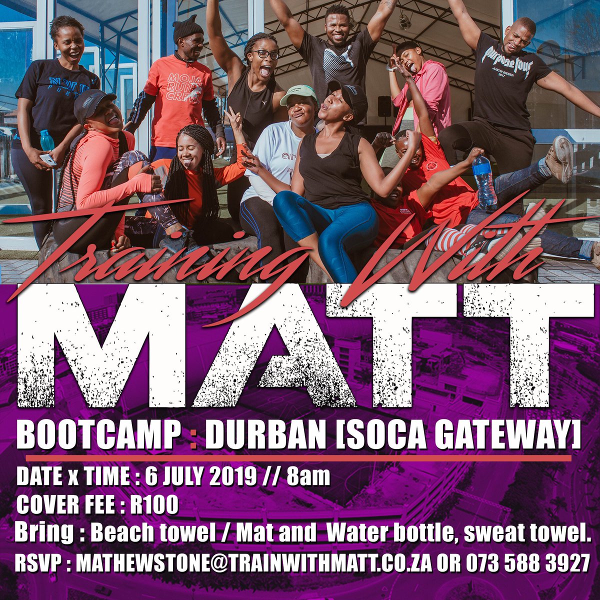 thesihlendaba's tweet photo. One of my personal goals for the last 6 Months of 2019 is my health and fitness... Making better food choices and working out on more regular basis. And this weekend I want you to join me on my fitness journey. Join us at the #trainingwithMatt boot camp in DURBAN - see you there https://t.co/ewCzvobRRz