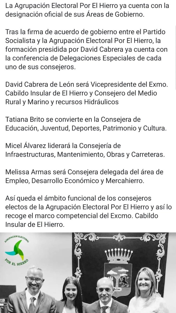 AExElHierro's tweet photo. La @AExElHierro ya cuenta con la designación oficial de sus Áreas de Gobierno en el Cabildo Insular de El Hierro (@PrensaElHierro). https://t.co/Keh4BHXPmc