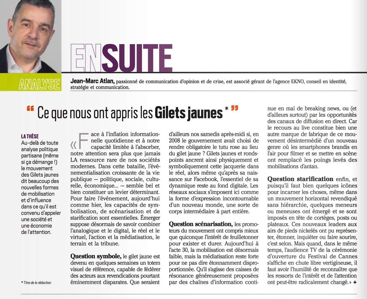 Ekno_Lyon's tweet photo. Economie de l’attention et gilets jaunes, l’analyse de @jeanmarcatlan dans le numéro spécial événementiel d'@InterMedia_Lyon de Juin #Ekno https://t.co/RbL41htsku