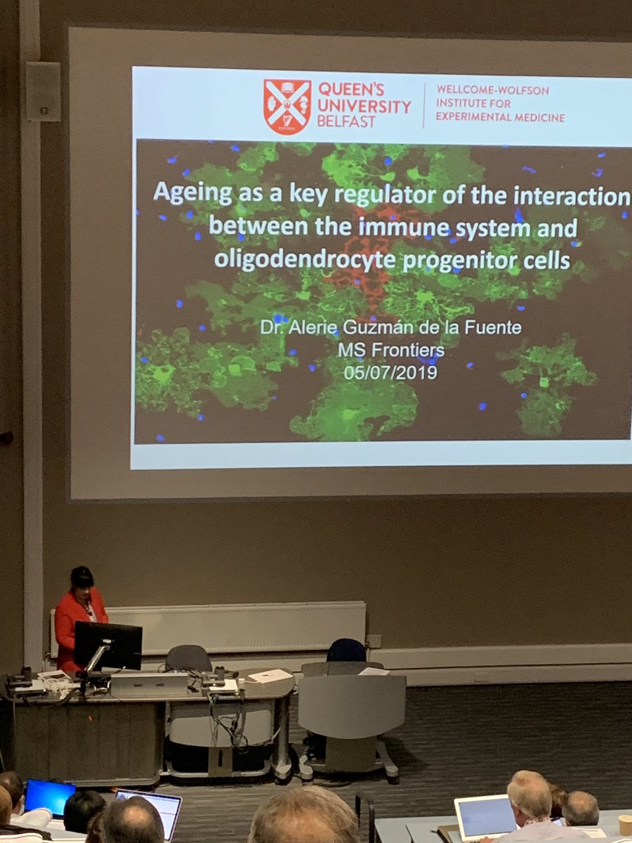 Alerie Guzman de la Fuente taking the stage at #MSFrontiers <a href="/mssocietyuk/">MS Society UK</a> talking about fascinating link between ageing, immune system and oligodendrocyte progenitors