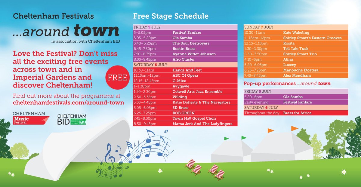 cheltfestivals's tweet image. Join us for the @CheltMusicFest Opening Weekend celebrations at the Free Stage from 5pm with our Festival Fanfare, @OlaSamba, @BostinBrass, @AyannaWJ, @afrocluster, @Skunkadelicuk and more! 🙌🎉

➡ bit.ly/2Xu9YQ5 

@ClassicFM @CheltenhamBID @visitchelt