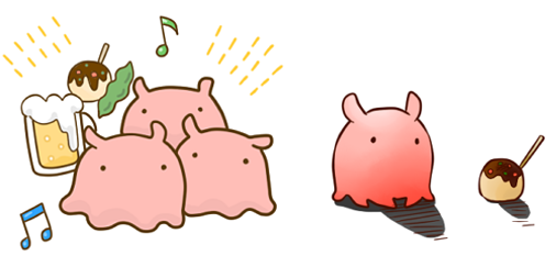 Ume さうるす めんだこ 飲み会ワイワイのメンダコちゃんたちと ふとたこ焼きの成り立ちについて考えるメンダコちゃん 1日1絵 メンダコ イラスト