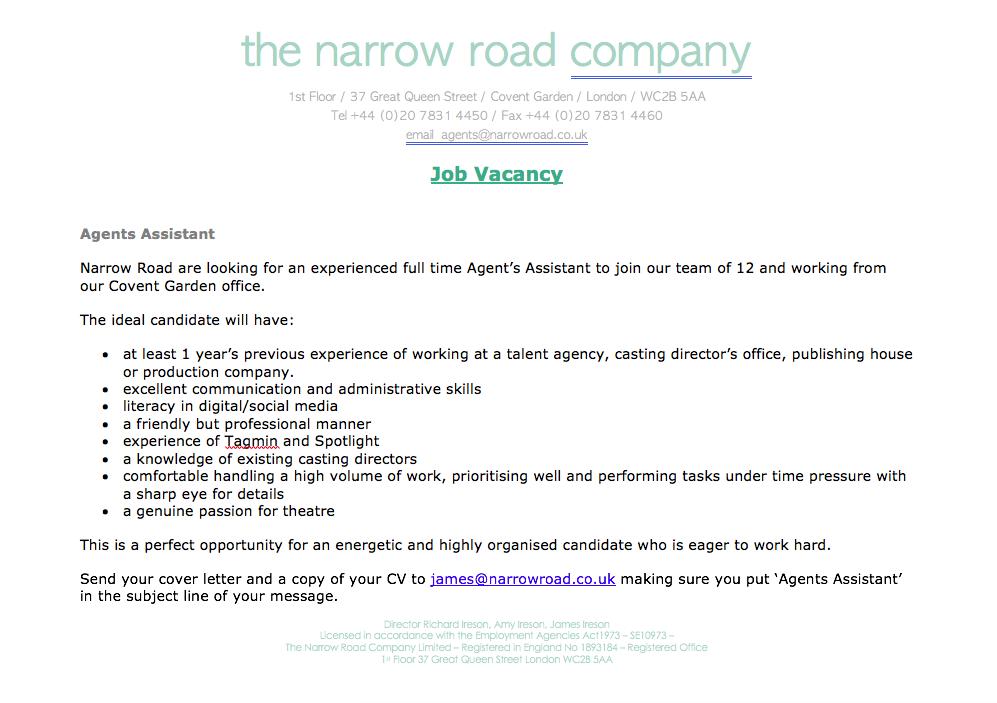 We are currently hiring a new Agent's Assistant!
.
.
.
#hiring #job #apply #narrowroad #agentsassistant #newopportunity  #agenting #theatre #acting #arts #london #talentagent #theatrejobs #PMA #artscareers