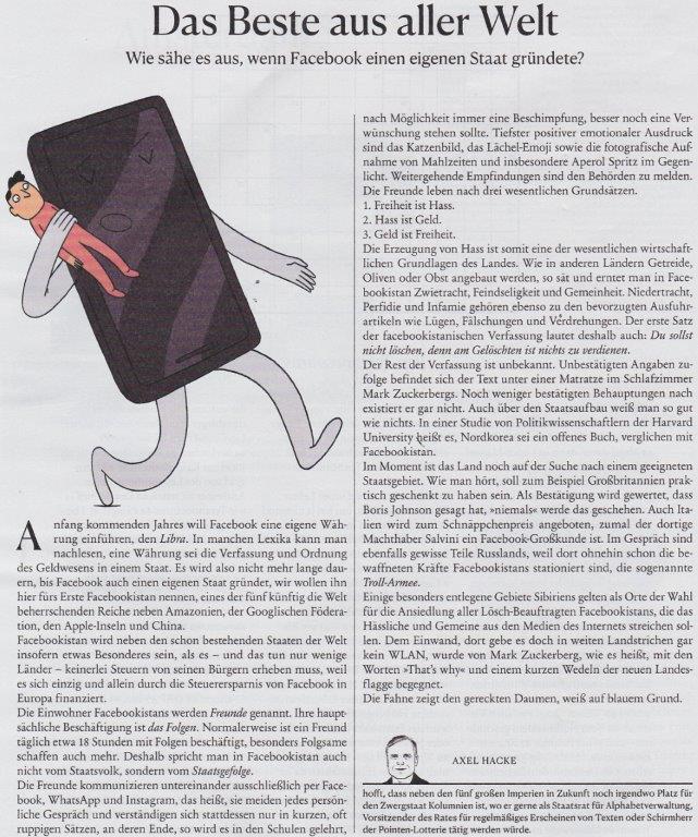 SabineSasse's tweet image. Mittagslektüre: #AxelHacke im SZ-Magazin über #Facebook und sein Bestreben, eine eigene #Währung einzuführen. Bis zu einem eigenen Staat ist es dann nicht mehr weit. Wobei: Eigentlich gibt es den ja schon... 🙄🤑