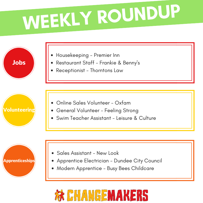 WEEKLY ROUNDUP: Some of the opportunities on the ChangeMakers app this week! Check out the app for more.📱

Download the ChangeMakers app for FREE!
Apple: goo.gl/L0fhA1           
Android: goo.gl/FA4RWj           

#dundeejobs #apprenticeships #volunteering