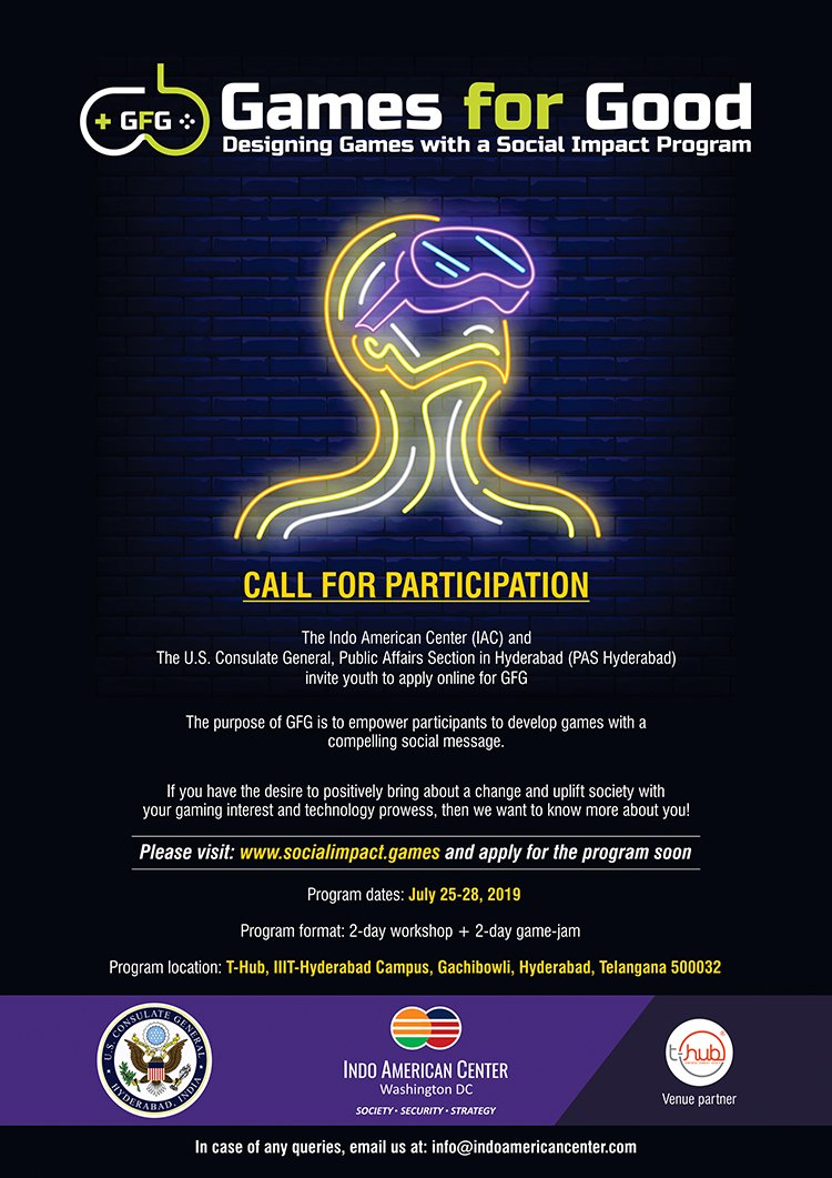 IndoAmericanCtr's tweet photo. GAMES for GOOD is an initiative by @IndoAmericanCtr  in collaboration with @usconsulatehyd , to encourage games that have a social message. If you are interested, read and apply at https://t.co/I5REmGCk7z https://t.co/sDho5RvkSn