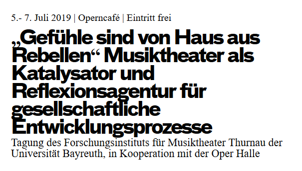 Tagung zu Relevanz &amp; Zukunft des #Musiktheater, heute ab 16.30 Uhr <a href="/OperHalle/">Oper Halle</a>. Auf dem Podium „Kulturpolitik – Kultur? Politik? Oper zwischen kultureller Teilhabe und Ökonomien des Ästhetischen” spricht u.a. unsere Kollegin Kirsten Haß: bit.ly/2YyoN1h @theatermagazin