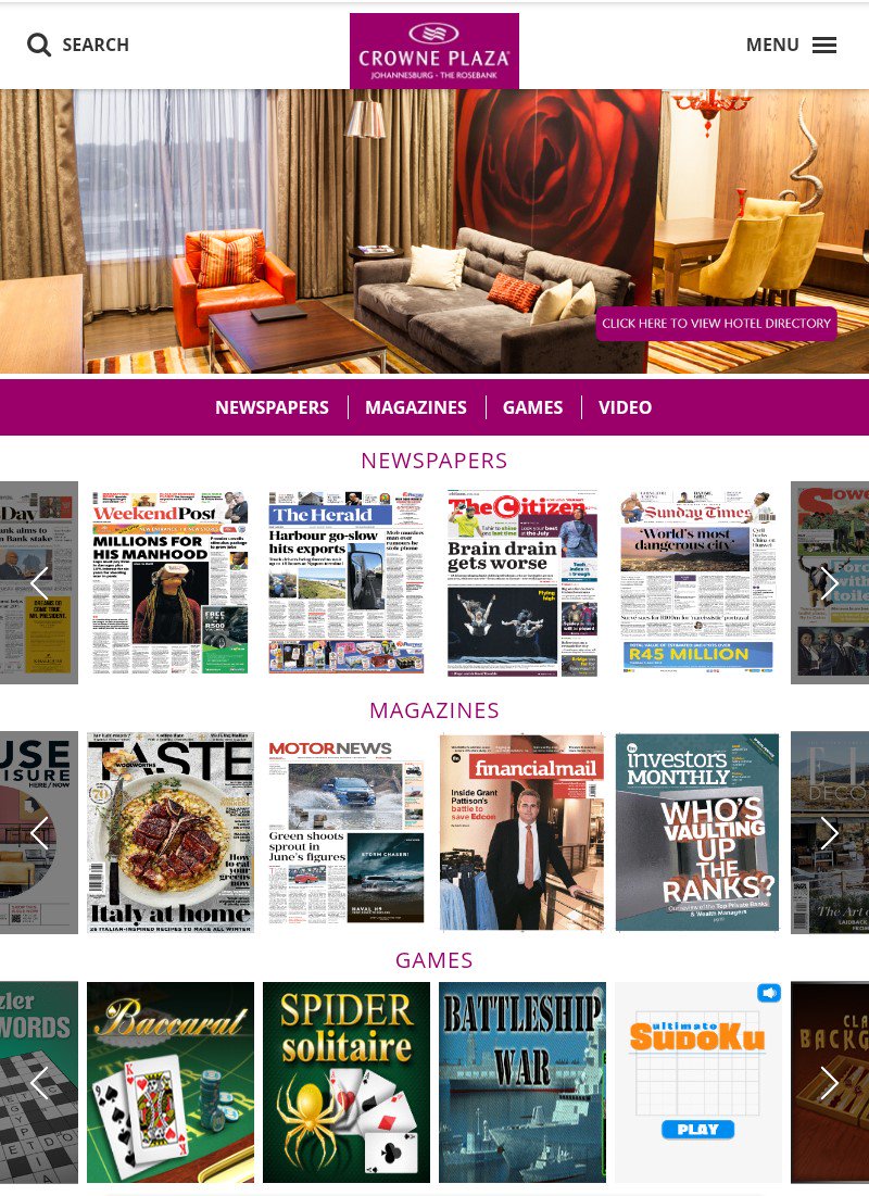 DLTMediaSA's tweet photo. Our customizable Hotel Media Platform shines in all its glory with the platform designed for the Crowne Plaza Rosebank Hotel 💙We took their Hotel Directory digital too, by simply embedding a link into the rotating banners. Welcome to the Hotel Media Platform 🥁 https://t.co/zwGY2znwHj