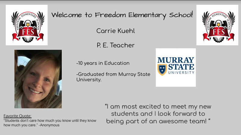 Freedom42240's tweet photo. This year we welcome a new PE teacher to the Freedom Family. Welcome Ms. Kuehl! https://t.co/WMZz08Fyue