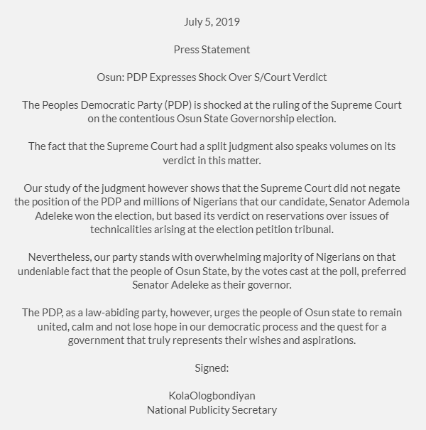 revolution_ng's tweet photo. @revolution_ng Osun: PDP Expresses Shock Over S/Court Verdict 

The @OfficialPDPNig is shocked at the ruling of the Supreme Court on the contentious Osun State Governorship election. https://t.co/ByvBzY2f3D