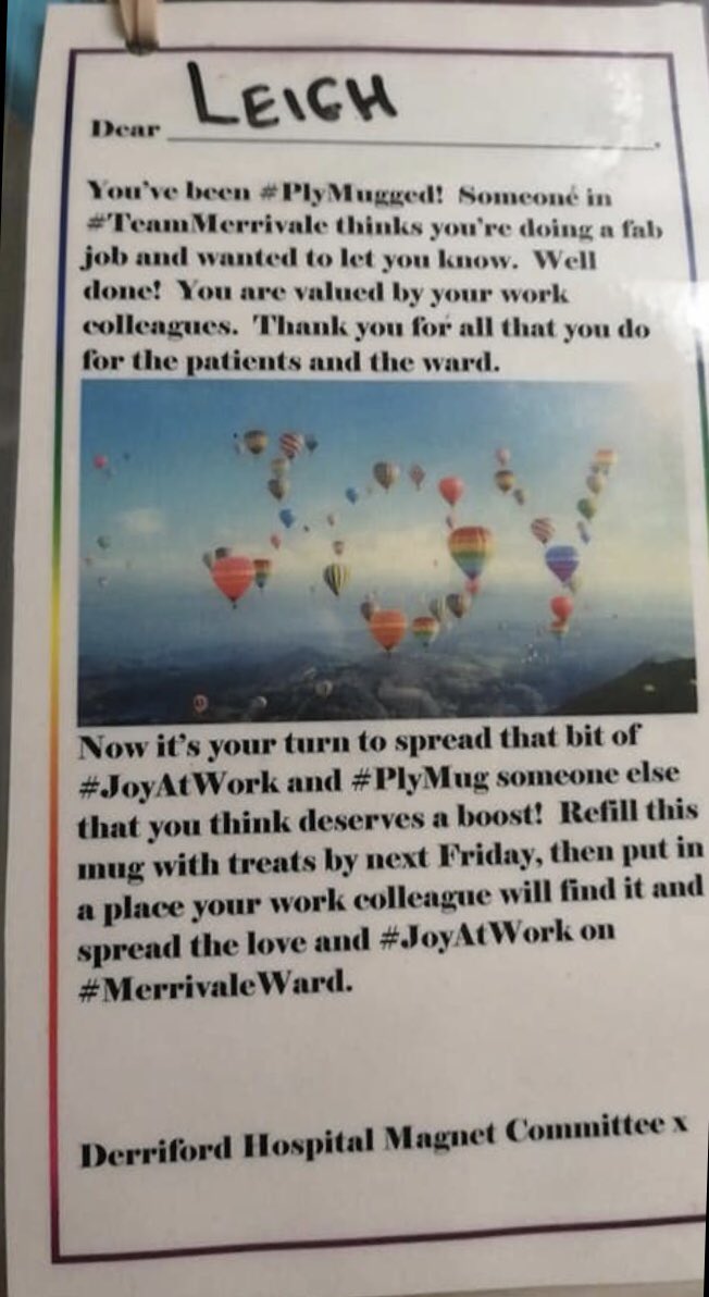 DepHeadClinEd's tweet photo. #PlyMugging is spreading thru #TeamMerrivale. Congrats to Liegh, the fab Ward Administrator on #MerrivaleWard @UHP_NHS. She does an amazing job &amp; gr8 to see her colleagues recognising &amp; valuing her hard work. Thanks Liegh. @TanyaMadden20 @openside1471 @SueSuejohnson7 @EdCoxNHS https://t.co/drTDHJ7FzN