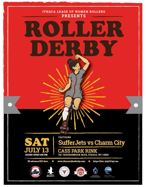 ➡️ BOUT ALERT! Saturday, July 13, at Cass Park Rink featuring the SufferJets versus Baltimore’s Charm City @ccrg 
#twithaca #rollerderby 
Tickets: m.bpt.me/event/4288964