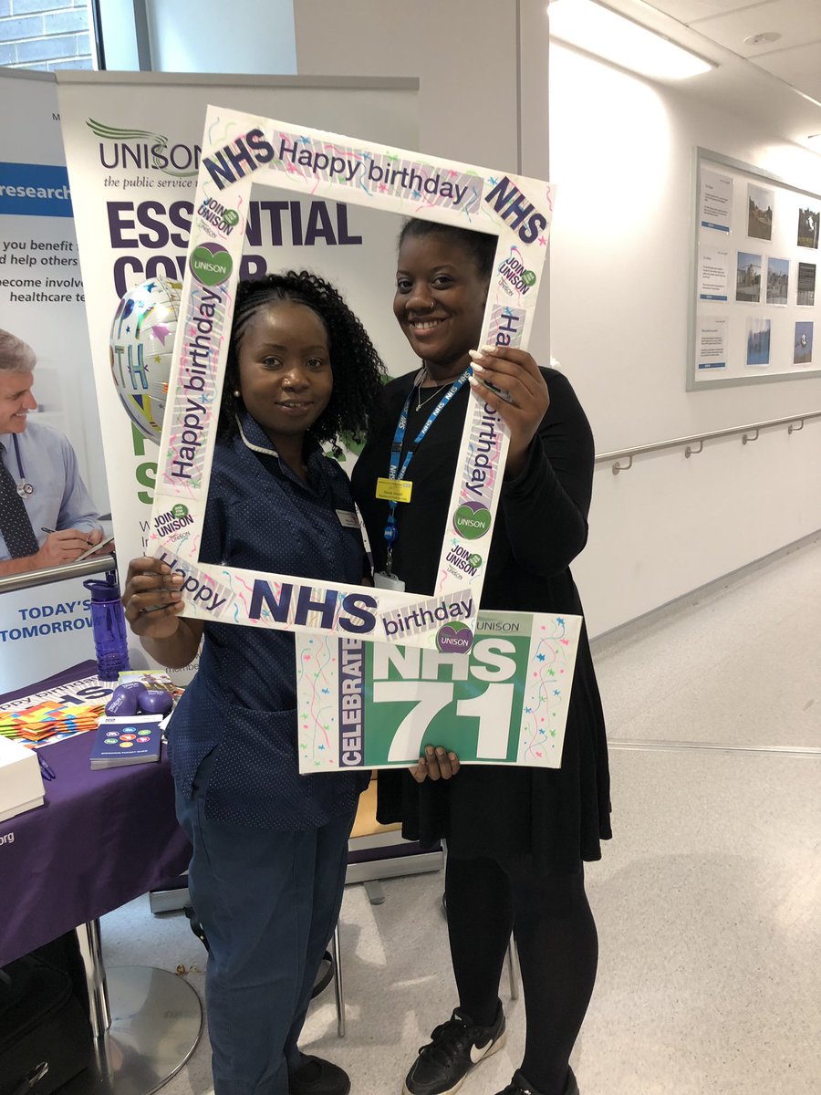clare_boorman's tweet photo. Celebrating with staff at Tunbridge Wells Hospital. Happy 71st Birthday to our NHS and a big thank you to all the staff that provide fantastic patient care 💜🥳💜🥳💜🥳 @UNISONSE @unisontweets #NHS71 #joinUNISON https://t.co/Yv0gu3hec5