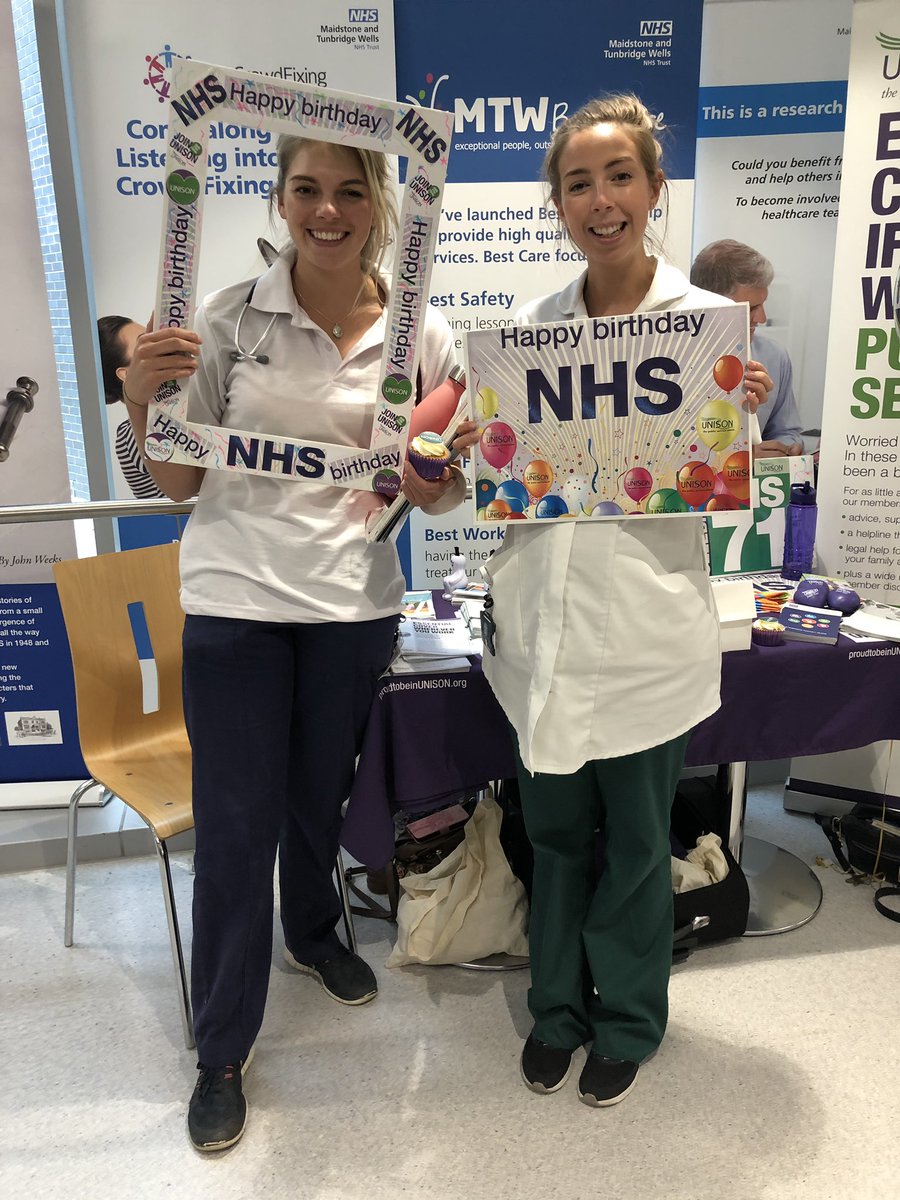 clare_boorman's tweet photo. Celebrating with staff at Tunbridge Wells Hospital. Happy 71st Birthday to our NHS and a big thank you to all the staff that provide fantastic patient care 💜🥳💜🥳💜🥳 @UNISONSE @unisontweets #NHS71 #joinUNISON https://t.co/Yv0gu3hec5