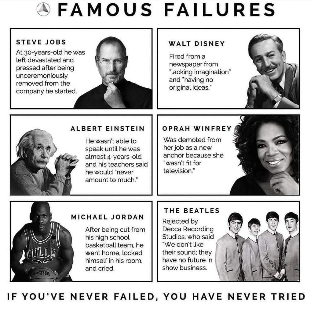 StartGrowthHack's tweet photo. Don't be discouraged by #failure. If you've never failed, you've never tried. Steve Jobs, Walt Disney, Oprah Winfrey, Albert Einstein, Michael Jordan or The Beatles experienced great #failures as well.

#Success #Startup #Entrepreneur #Business #Motivation #Inspiration #Startups https://t.co/yD48FUzQJI