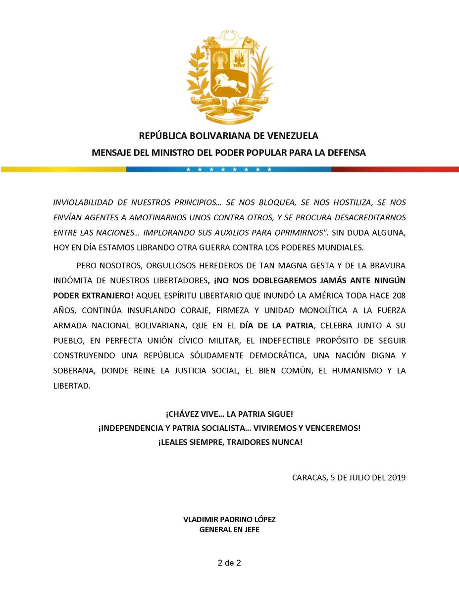 PrensaFANB's tweet photo. 📰|| Mensaje de la Fuerza Armada Nacional Bolivariana con motivo de conmemorarse el 208° Aniversario de la Declaración de la Independencia y Día de la FANB https://t.co/E2Mzfv78g9 https://t.co/TCEZdmAOMV