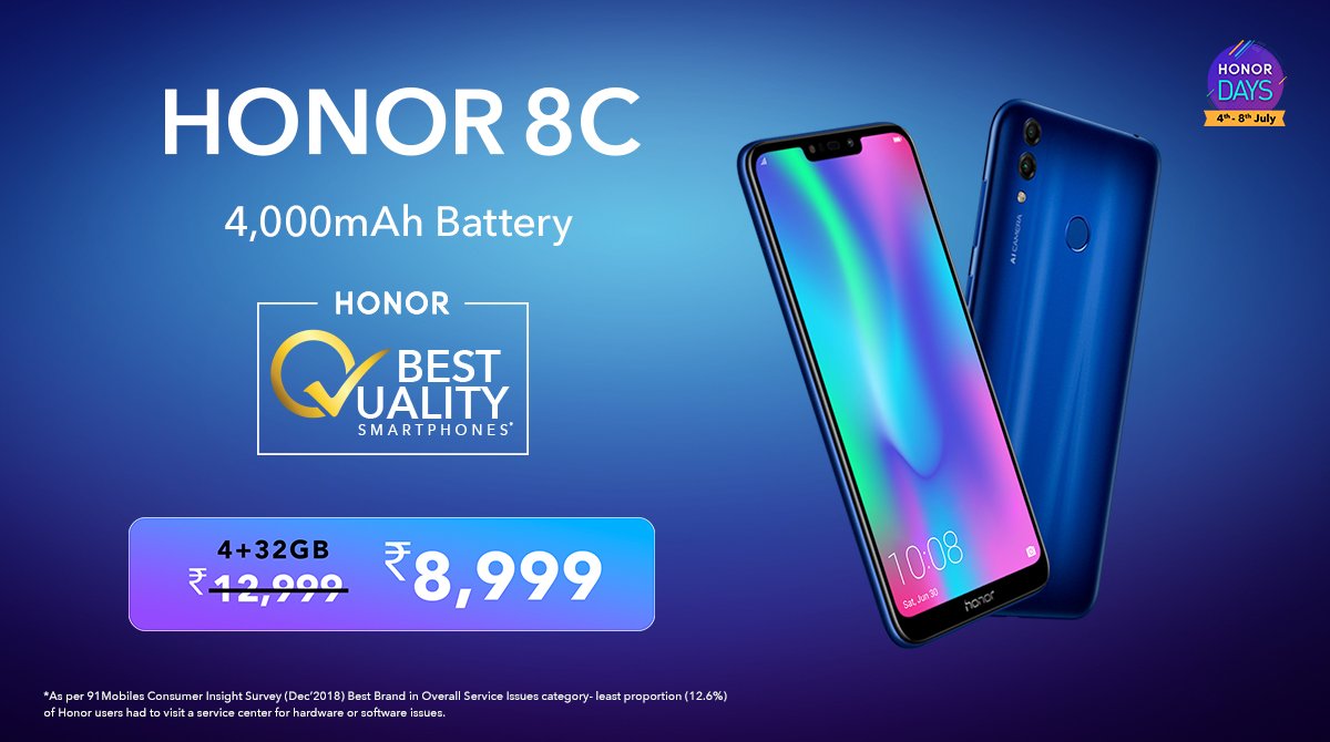 HiHonorIndia's tweet photo. Enjoy two-day power with the massive 4,000mAh battery on HONOR 8C. Buy the #PackedWithPower smartphone now at #HONORDays:
Flipkart: https://t.co/shCPxxprvz
Amazon India: https://t.co/8b2qaTlYNH https://t.co/s5oupXn3NM