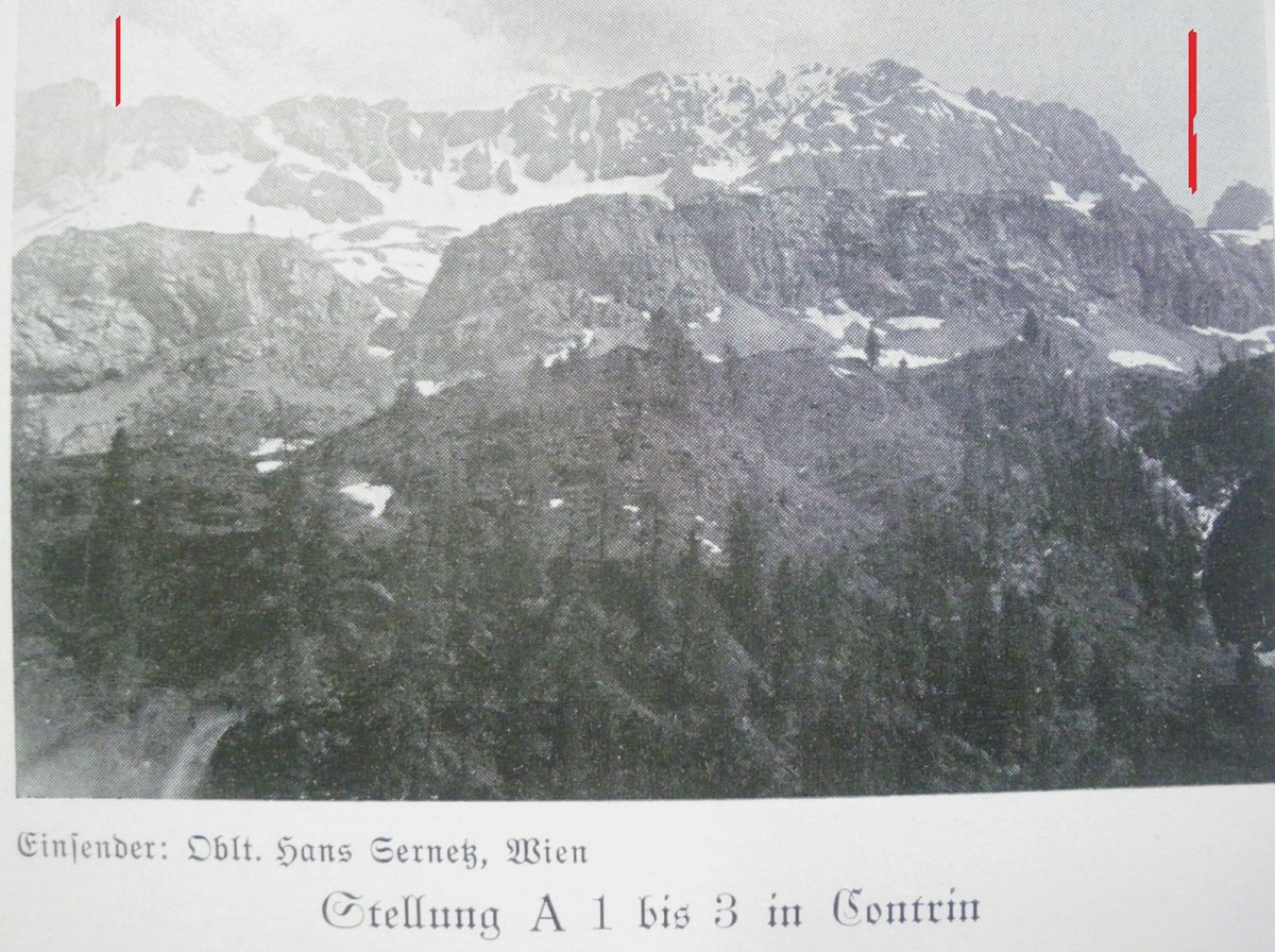 andyblanck1's tweet photo. then and now. The Italian positions (included between the 2 red lines) seen from A-H lines in the #Contrin valley near #Marmolada 
#WW1 #dolomitifront https://t.co/KCZoqf3DHl