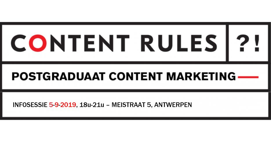 Tweede infoavond over nieuwe opleiding Content Marketing <a href="/AP_Hogeschool/">AP Hogeschool Antwerpen</a> donderdag 5 september van 18u tot 21u in Campus Meistraat, Antwerpen. Of verzeker je plaats met een voorinschrijving op contentrules.be. Max 35 deelnemers.