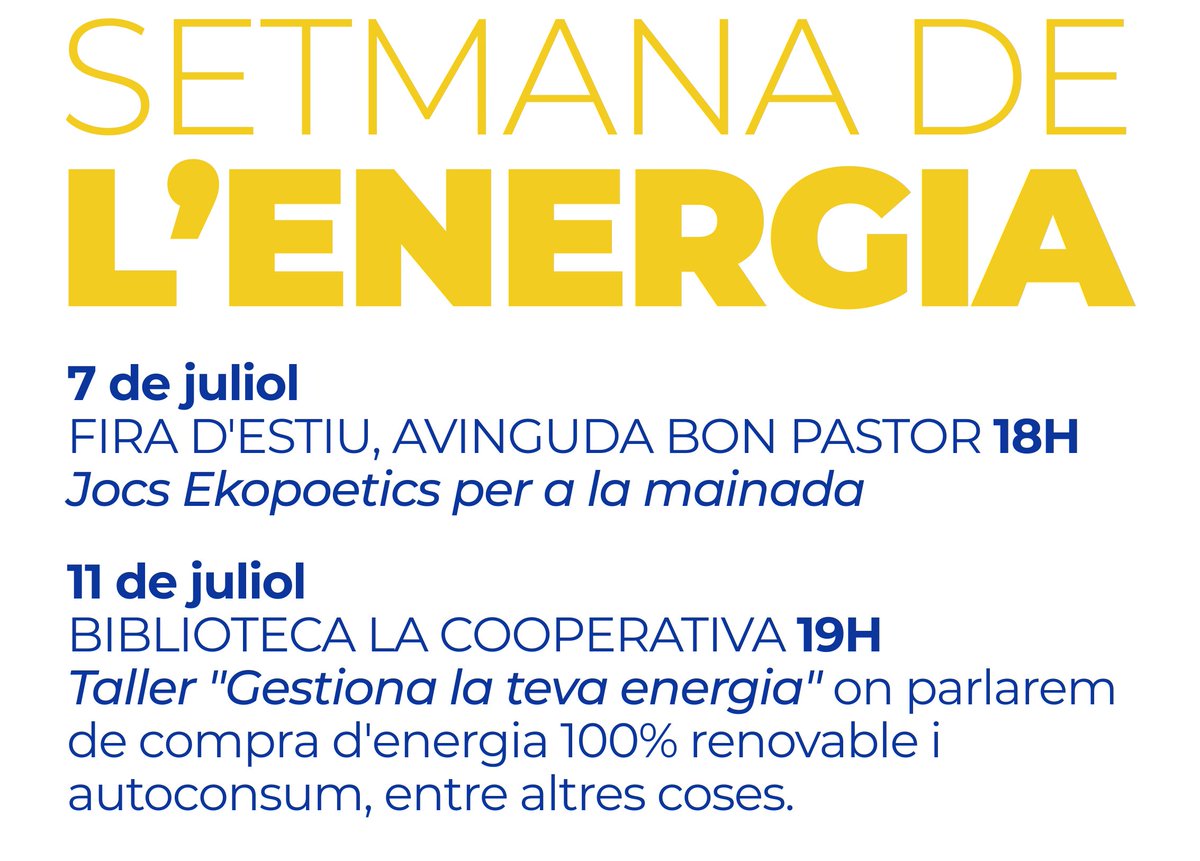 💡♻ Ens afegim un any més a la Setmana de l'Energia

✅ Diumenge a la Fira Estiu av Bon Pastor 18 h
👇
Enginys Eko.poètiks elements recuperats que es mouen amb una font d’energia renovable, planteja reptes i reflexions poètiques als participants

#SetmanaEnergia #eusew19