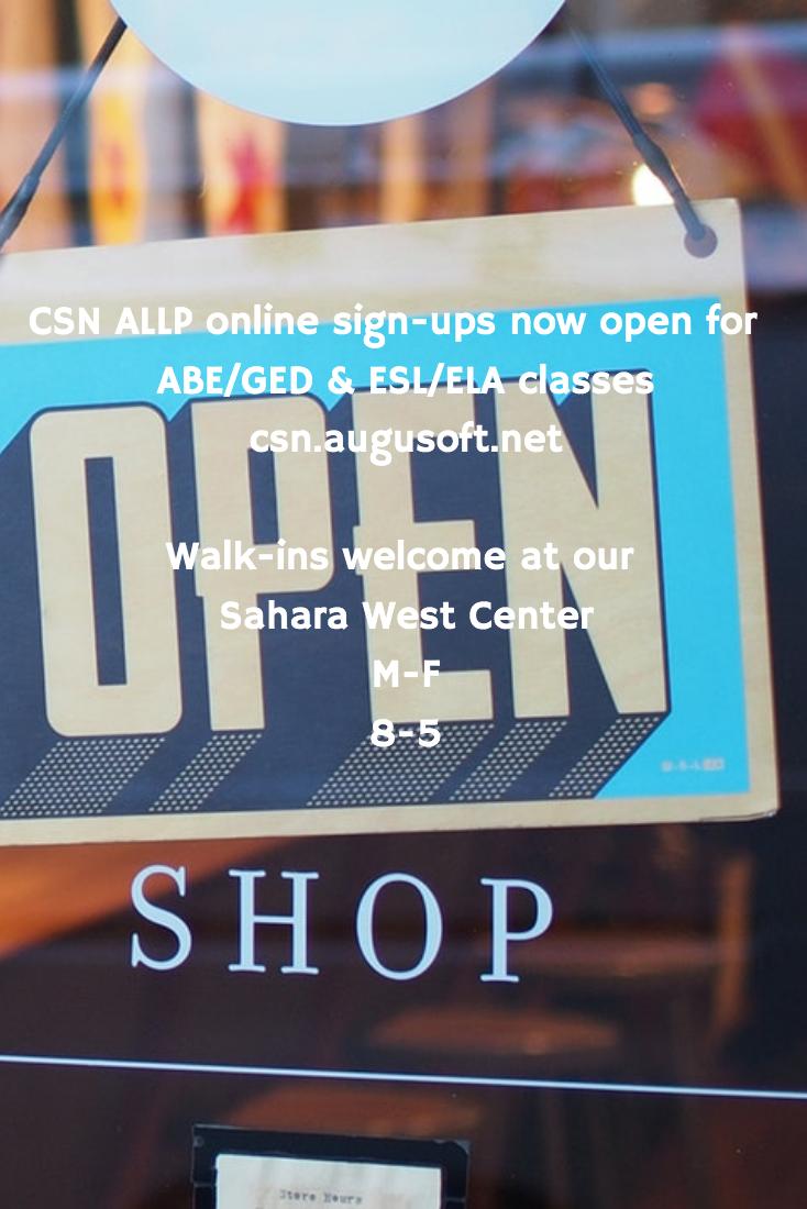 csnACES's tweet photo. Sahara West Ctr is open 8am-5pm. Walk-ins welcome. Online sign-up at https://t.co/a0EMO7Rh5j or call 702-651-4487  #hse #GED #ESL #ELA #Hiset https://t.co/bPdrjyreDO