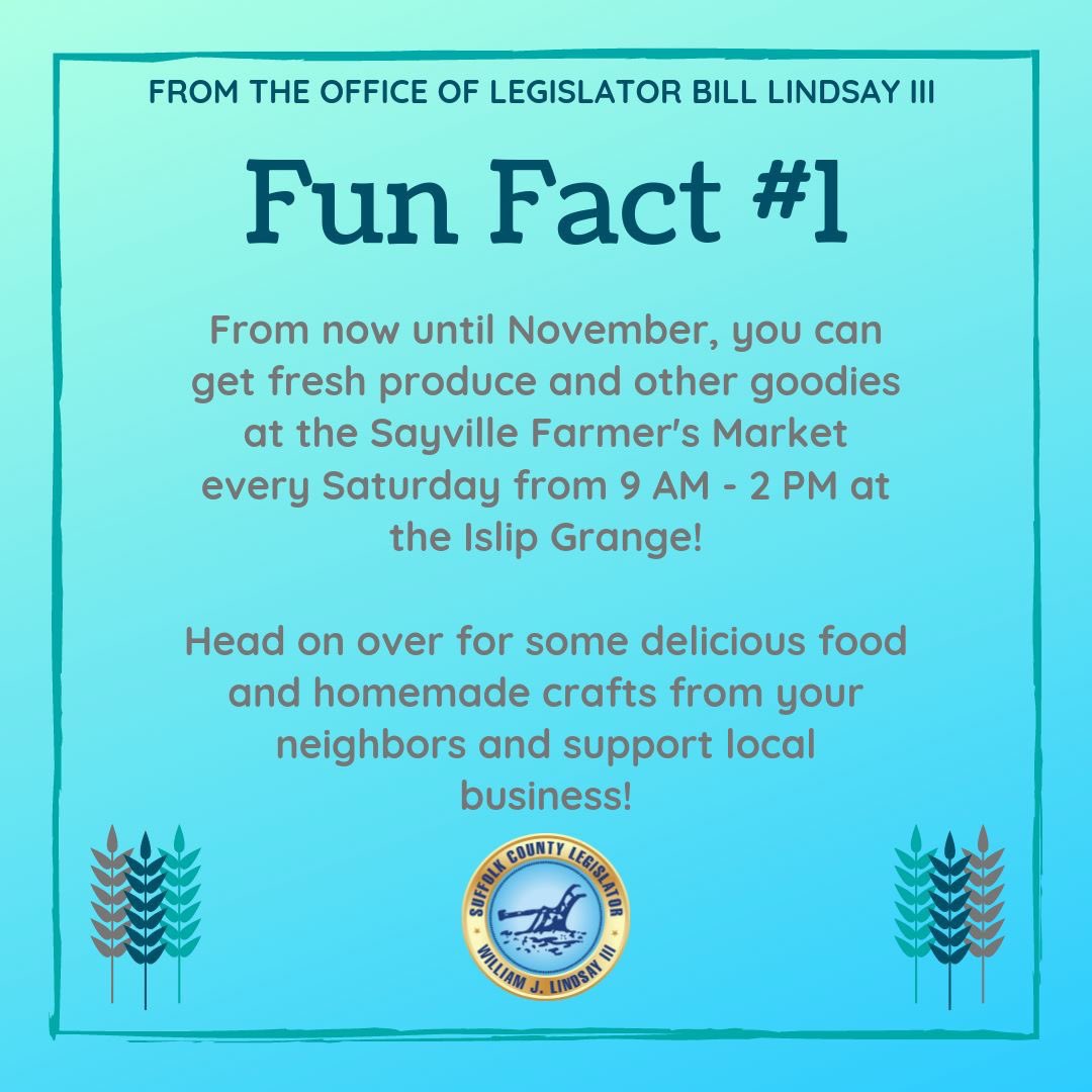 LegislatorBL3's tweet photo. Check out our friends at the Farmer’s Market in Sayville! It is every Saturday from 9-2 at the Islip Grange (10 Broadway Avenue, Sayville) until November. I look forward to seeing you there.

#LD8 #FactFriday #farmersmarket #community https://t.co/cXX67XOBWZ