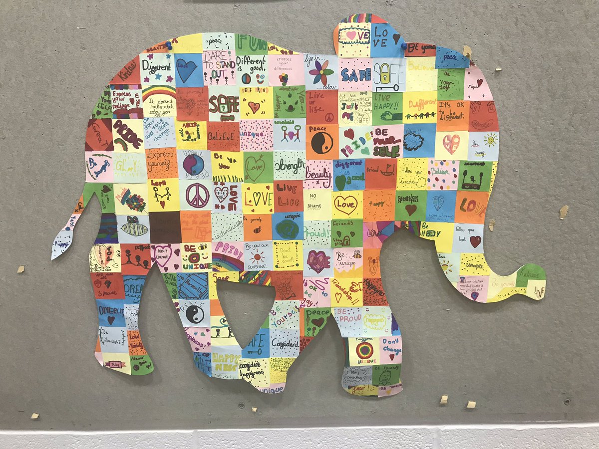 class5dps's tweet image. @DartonPrimary Class 8s elephant is patchworked with words that represent being unique and independent #SDW19 #DPS_art