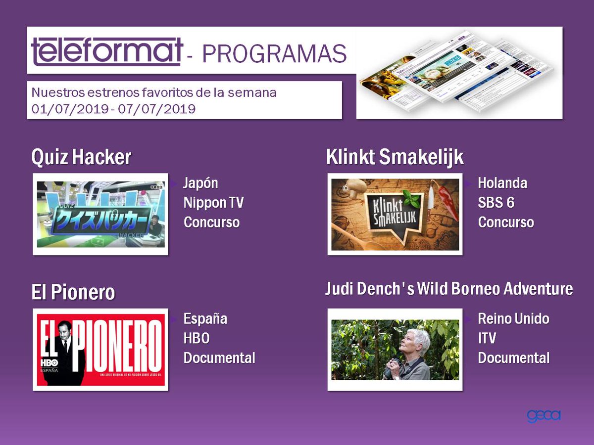 teleformat's tweet photo. Esta semana, nuestros #estrenos #favoritos de #entretenimiento son #documentales y #concursos para todos los gustos:
📺#QuizHacker #NipponTV 🇯🇵
📺#KlinktSmakelijk @SBS6 @TalpaNetwork 🇳🇱
📺#ElPionero @HBO_ES 🇪🇸
📺#JudiDench'sWildBorneoAdventure @ITV 🇬🇧

#television #tv #Teleformat https://t.co/RE0wTLAwkM