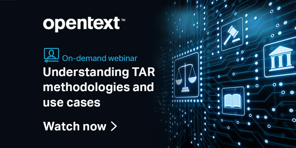 OpenText's tweet photo. Hear OpenText experts discuss TAR 1.0 and 2.0 methodologies and which workflow is the best fit for your specific legal matter. Watch the on-demand webinar now. #opentextdiscovery #TAR #opentextlegal https://t.co/k6H4WedQUe https://t.co/tsEciOkGz0