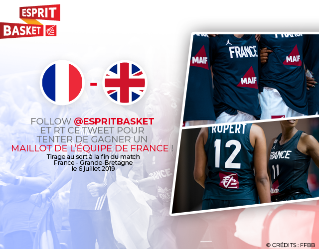 EspritBasket's tweet photo. #EspritBasket A l'occasion de la demi-finale France - Grande-Bretagne #FRAGBR 🇫🇷 - 🇬🇧 demain, nous vous offrons la chance de gagner un maillot des Bleues ! 😃

Follow + RT pour tenter votre chance 😉 https://t.co/2JnrDAa0Hy