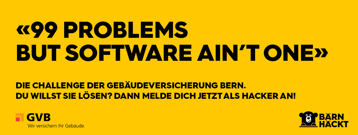 bernhackt's tweet photo. «99 PROBLEMS BUT SOFTWARE AIN’T ONE»
Spannende Challenge der Gebäudeversicherung Bern (GVB): Keine Probleme im Haus und Haushalt mehr! https://t.co/mv9pXhkANL #bernhackt Jetzt als Hacker anmelden: https://t.co/wXDqToIMPj https://t.co/Pir39pv5I4