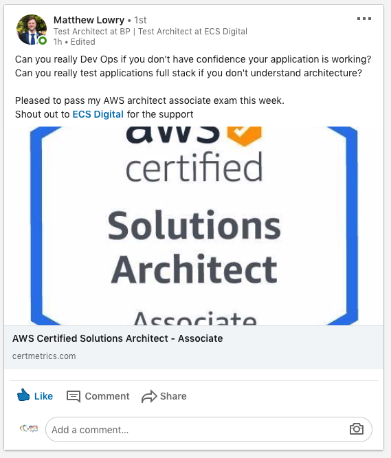 ECS_Digi's tweet photo. Big shout out to Matthew Lowry for passing his AWS architect associate exam earlier this week. Thoroughly deserved 👏🏻

#AWS @awscloud #testarchitect #DevOps #upskilling #tools https://t.co/W8SgaLxDJa