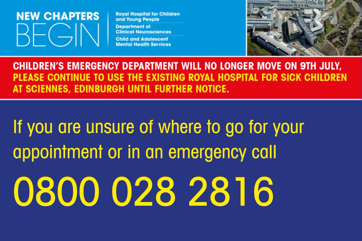 We are gutted to say that the Royal Hospital for Children &amp; Young and Department of Clinical Neurosciences moves have been postponed. Patients should continue to use their current facilities, until further notice. 
For more information visit org.nhslothian.scot/CapitalDevelop…