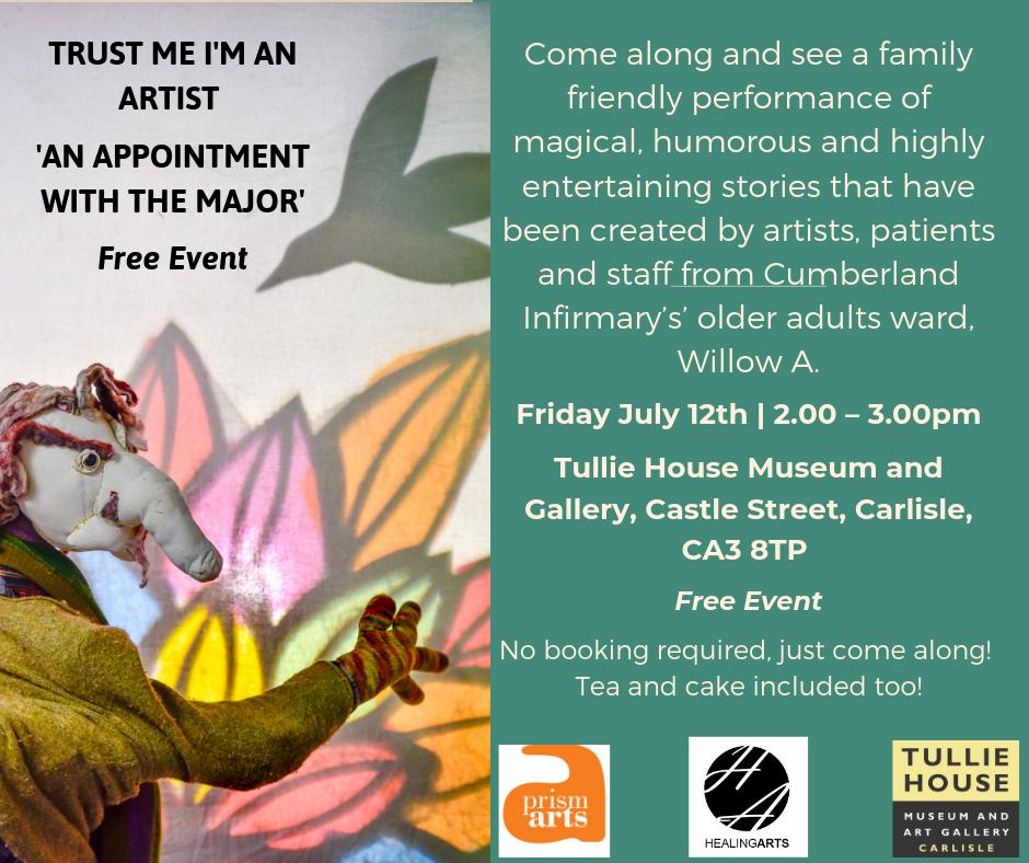 HealingArts7's tweet photo. The Major's tour does not stop at Cumberland Infirmary: Friday July 12th he will tread the boards at @TullieHouse 
In fact, this time next week, I think The Major will be nearly at tea and cake time.(note to audience: get your cake in quick before The Major eats it all ☺️) https://t.co/aMeRnI5pe1