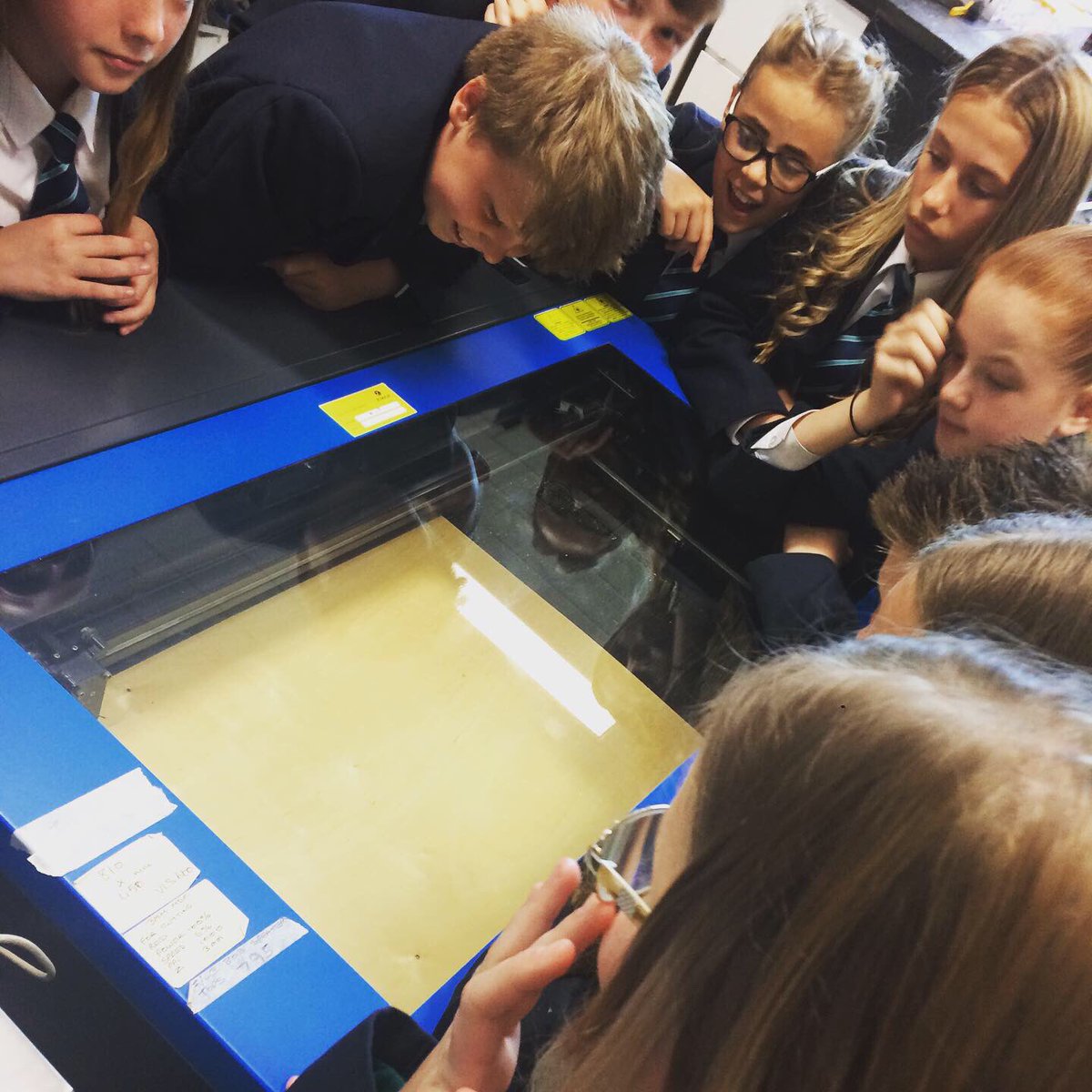 DT_DACA's tweet image. Year 7 @DarwenAcademy students waiting in anticipation for the laser cutter to start printing their designs! Some outstanding work demonstrated on @TechSoft_UK 2D Design today - blown away! #cad #design #techsoft #creativity #passion