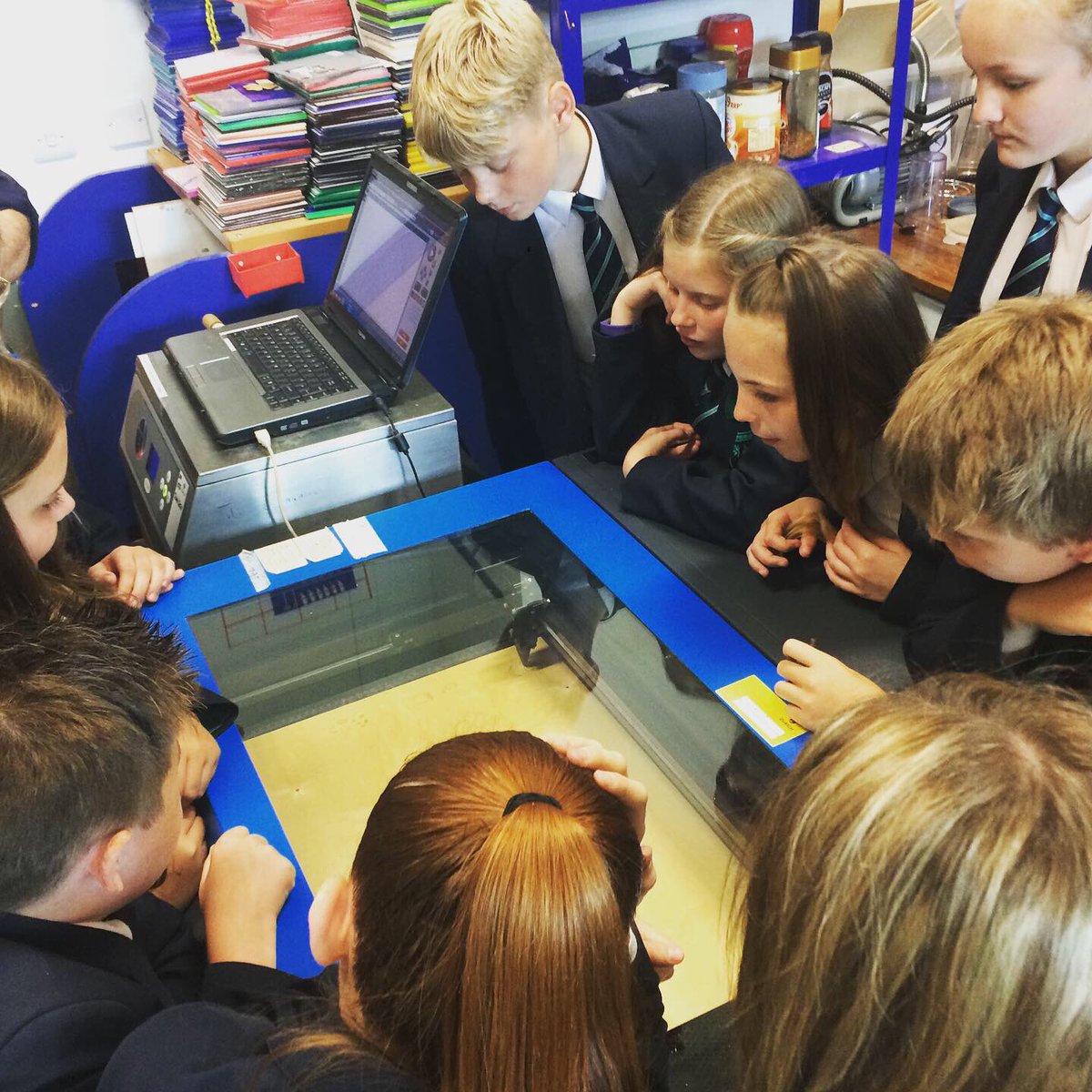DT_DACA's tweet image. Year 7 @DarwenAcademy students waiting in anticipation for the laser cutter to start printing their designs! Some outstanding work demonstrated on @TechSoft_UK 2D Design today - blown away! #cad #design #techsoft #creativity #passion