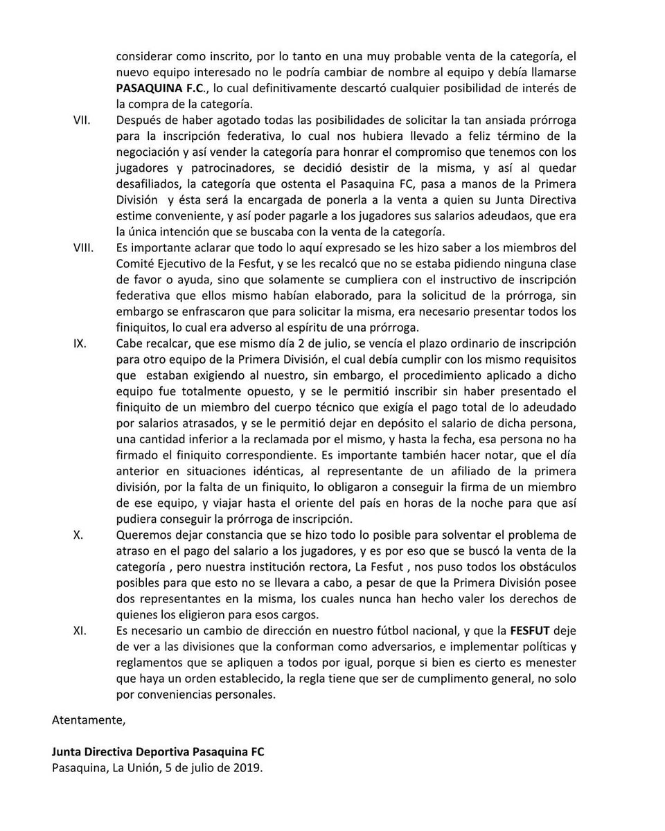 Comunicado de Prensa Oficial de Pasaquina F.C.