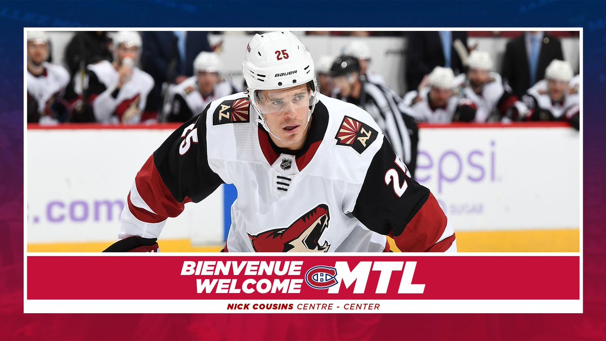 CanadiensMTL's tweet image. The Canadiens have agreed to terms on a one-year, one-way contract with free agent forward, Nick Cousins (value of $1 million).

#GoHabsGo