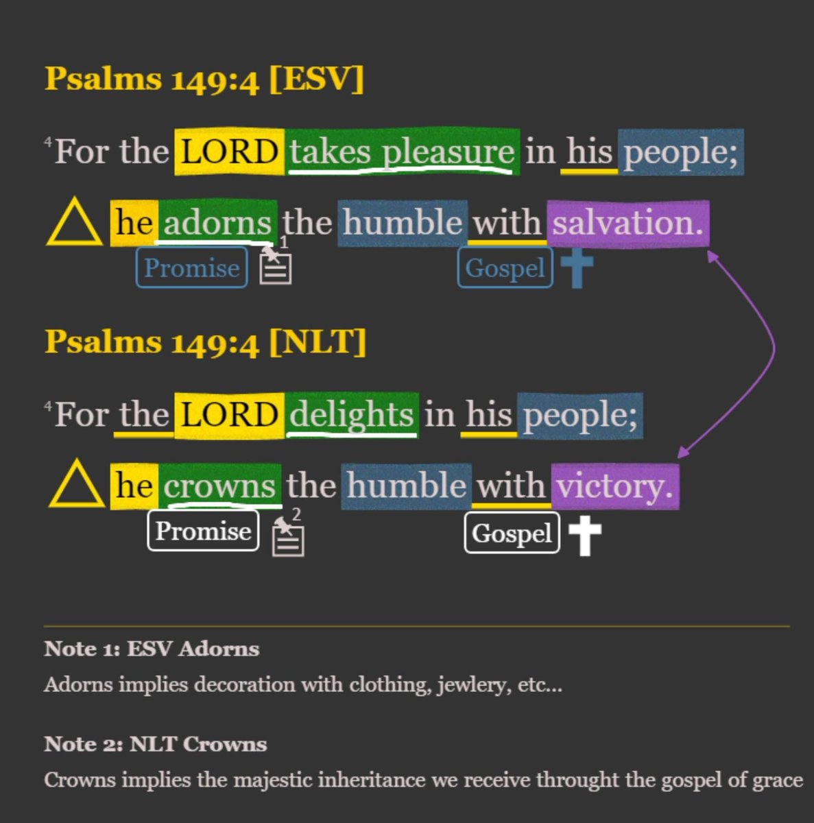 BlueLetterBible's tweet photo. Compare how the ESV and NLT portray our inheritance in Christ in Psalm 149:4! #ScriptureMark
For more information about ScriptureMark, go to https://t.co/SyKyu6iJ6F. https://t.co/LXPfqBJrMp