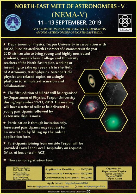 MyTezu's tweet photo. North East Meet of Astronomers - V, September 11-13, 2019 #deptofphysics #tumeet https://t.co/nbv96kuHvp https://t.co/kx6dvgEm2o