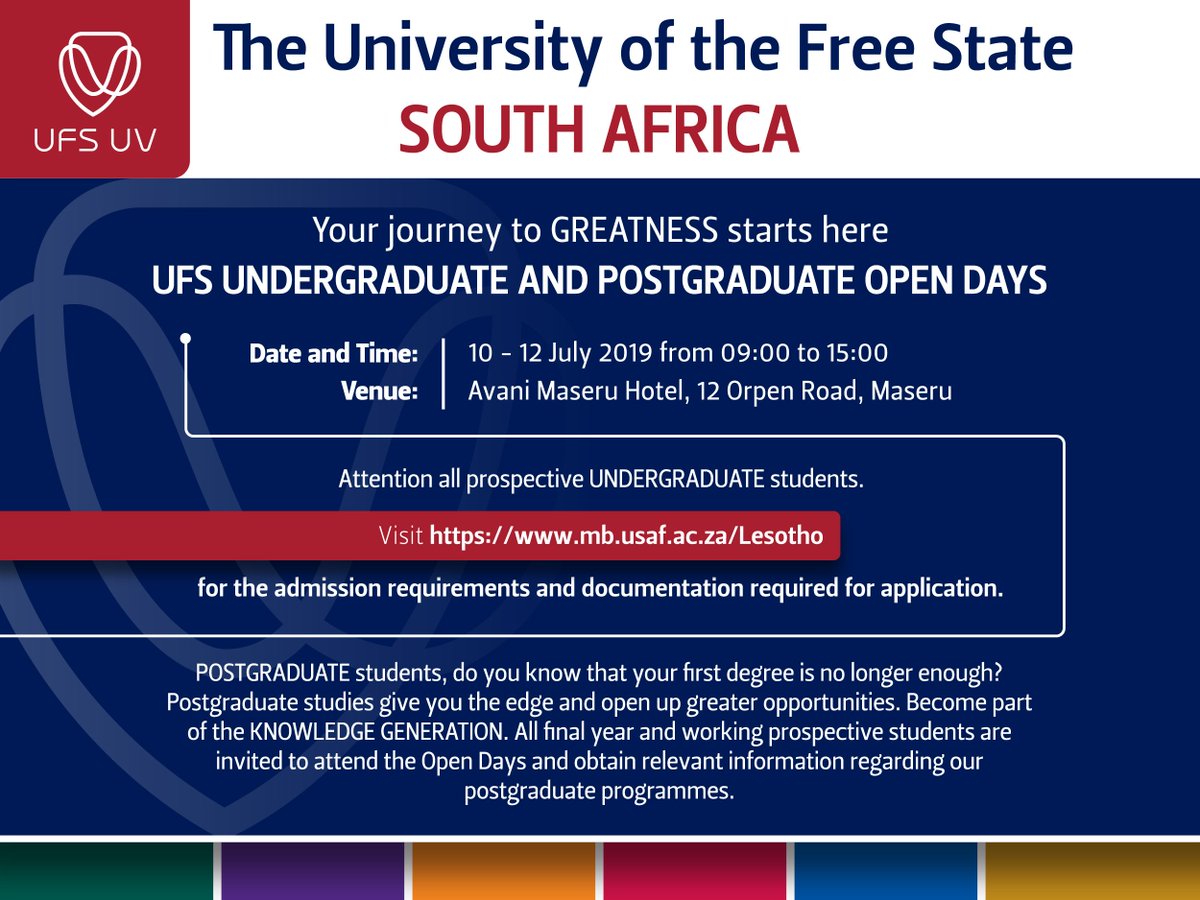 UFSweb's tweet photo. The University of the Free State will be hosting Undergraduate and Postgraduate Open Days in Lesotho.

Date: 10-12 July 2019
Time: 09:00-15:00
Venue: Avani Maseru Hotel, 12 Orpen Road, Maseru

More information: https://t.co/EPTkOZ7CMa 

#UFSOpenDay | #UFSOpenDay2019 | #StudyAtUFS https://t.co/meZzAsP9tK