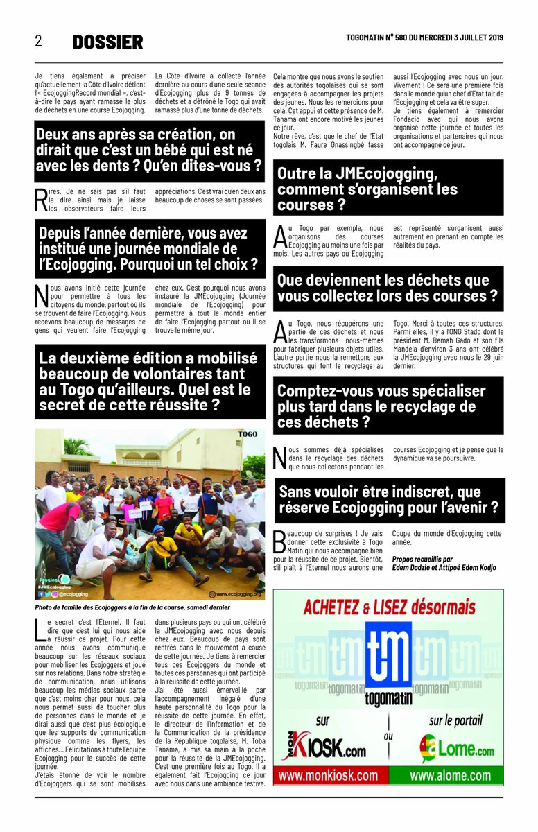 📜Retour sur le dossier spécial du quotidien @Togomatin1 sur #Ecojogging réalisé dans le cadre de la #JMEcojogging. #BeatAirPollution #PlasticPollution <a href="/TanamaToba/">Toba Tanama</a> <a href="/CellulePR/">CPES</a> @ONUEnvironmt <a href="/CCNUCC/">ONU Climat</a> <a href="/pnudfr/">ONU Développement</a> <a href="/DamienMama/">Damien Mama</a> <a href="/PnudTogo/">Pnud Togo</a>