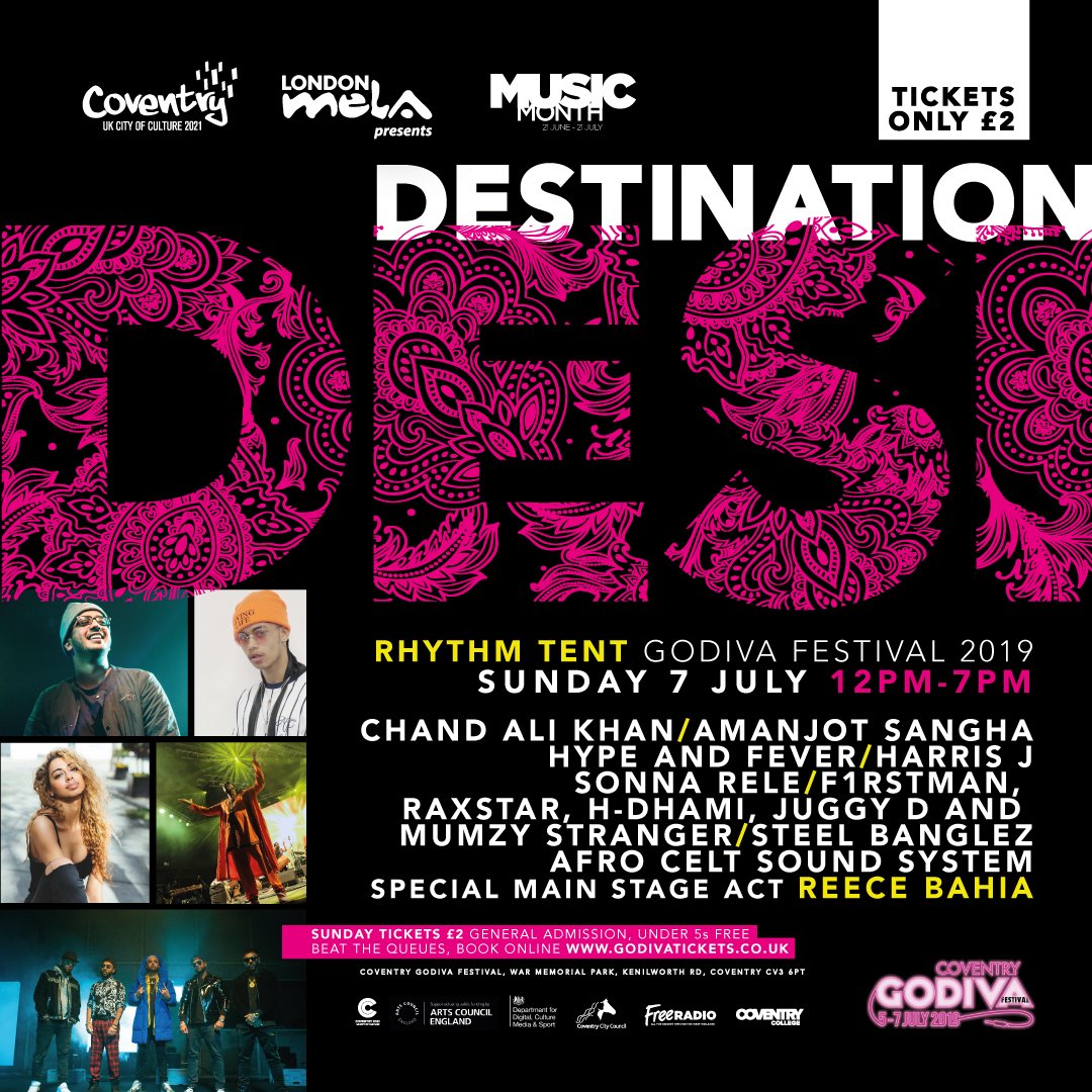 Coventry2021's tweet photo. We've worked with @TheLondonMela to bring #DestinationDesi - taking over the Rhythm Stage this Sunday 12-7pm. 
Catch these artists performing @ACSSofficial @steelbanglez @f1rstmanvdngs @MumzyStranger @JuggyD @HDHAMIMUSIC @HarrisJOfficial @sonnamusic @amanjotsangha @ChandAliKhanUK https://t.co/FVnCgSbsAP